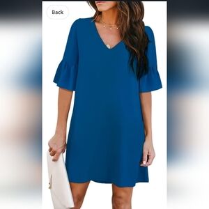 Belongsci Blue Midi Dress with Ruffled 3/4 Sleeves and V-Neck